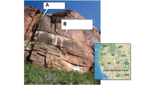   -In the photo, box A points to what? A) a bedding plane B) an exfoliation dome C) a joint D) a landslide