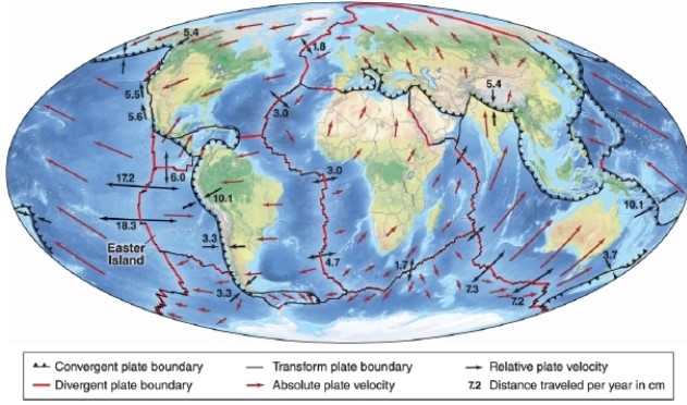  -Referring to the figure, which of these accurately describes the plate movement between the Indo-Australian plate and the Eurasian plate? A) convergent B) divergent C) transform D) It cannot be determined.