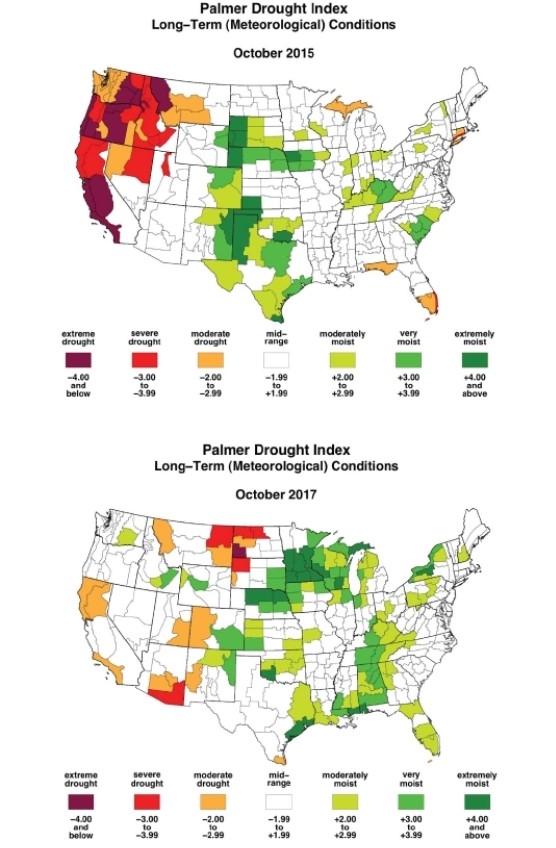 <strong> On the October 2015 map, which region shows the greatest moisture deficits?</strong> A)the southeastern states B)the western states C)the Midwest D)the East Coast