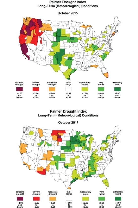 <strong> On the October 2017 map, which region shows the greatest moisture deficits?</strong> A)the northern Great Plains, including Montana and the Dakotas B)the western states of California, Oregon, and Washington C)the southern states of Florida, Georgia, and the Carolinas D)the northeastern states, including Maine, New Hampshire, and Vermont