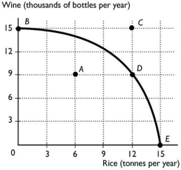   The above figure shows the production possibility frontier for a country. What is the opportunity cost to move from point D to point E? A)  9 thousand bottles of wine B)  6 tonnes of rice C)  15 thousand bottles of wine D)  6 thousand bottles of wine E)  Nothing, it is a free lunch.