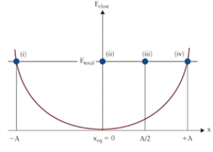 Figure 13.1 ​   ​ The figure shows the elastic potential energy of an object attached to a horizontal spring. The object slides on a table without friction. -In Fig. 13.1, at which position does the object reach minimum total energy? A) (i)  B) (ii)  C) (iii)  D) The total energy is constant, the same everywhere.
