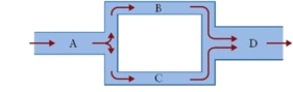 Figure 12.4 The figure shows flow of fluid through pipe A, branching into two identical pipes B and C with radii equal to half the radius of A, which reunite into a single pipe D. What fraction of the fluid from pipe A flows through pipe B in Fig. 12.4?
