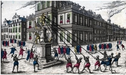 What does this etching depict?   A)  Enslaved African Americans pulling down a statue of George III in New York City, after independence was declared in 1776 B)  Costumed patriots pulling down a statue of George III in Boston, before the city was invaded by British forces C)  Formerly enslaved African Americans pulling down a patriotic monument in New York City after the city was occupied by the British army D)  Enslaved workers pulling down a statue of George III in British Jamaica, to show sympathy for the American cause