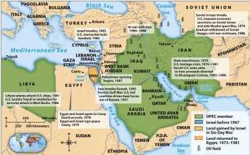 Map 28.1, The United States in the Middle East, 1978-1991, shows American involvement in Middle Eastern affairs during the time period. Which region, according to this map, was most important for access to oil?   A)  The Mediterranean B)  The Nile River Delta C)  The Persian Gulf D)  The Sinai peninsula