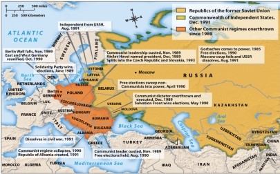 Map 28.3, The Fall of Communism in Eastern Europe and the Soviet Union, 1989-1991, shows the disintegration of the Eastern Bloc at the end of the Cold War. Which Eastern European country first held elections in which the Communist Party did not win?   A)  East Germany B)  Poland C)  Romania D)  Hungary