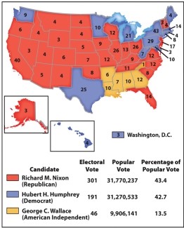 Map 27.1, The Election of 1968, shows the results of the presidential contest in 1968. Which of the following conclusions can be drawn from this illustration?   A)  With the states of the old Confederacy, Humphrey could have won. B)  Nixon defeated Humphrey with a vast majority of popular votes. C)  George Wallace  stole  Humphrey's election. D)  Voter turnout in the 1968 contest had been abysmal.