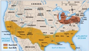 Map 27.2, The Sun and Rust Belts, shows two starkly differing economic and demographic regions. How many states were part of the Sun Belt?   A)  Four B)  Seven C)  Fourteen D)  Twenty-Five