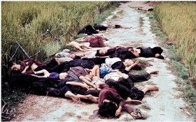 The image  My Lai Massacre, 1968  shows the victims of the deadly attack by U.S. army soldiers during the Tet Offensive. What conclusion does this picture permit?   A)  The shooters had been looking for Vietcong. B)  Some of the villages had fought back. C)  U.S. soldiers had tried to spare civilians and only kill identifiable enemies. D)  The shooters were not concerned whether evidence of this massacre would have repercussions for them.