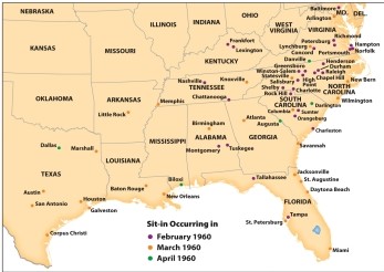 Map 25.1, Lunch Counter Sit-Ins, February-April 1960, shows the eruption of sit-ins in fifty-eight cities across the South. Which state witnessed the largest number of them?   A)  South Carolina B)  North Carolina C)  Virginia D)  Tennessee