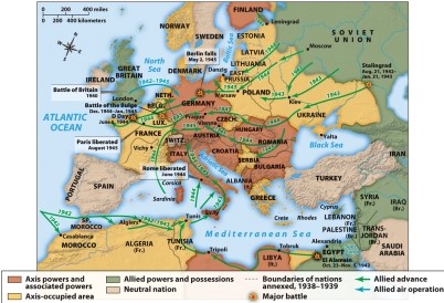 <strong>Map 23.1, World War II in Europe, 1941-1945, illustrates the long war against Nazi Germany on the Eastern and Western Fronts. Which of the following offers the proper chronology of some of the major battles in the European theater of war? </strong> A) Battle of Britain - El Alamein - Fall of Stalingrad - Liberation of Rome - Battle of the Bulge B) El Alamein - Fall of Stalingrad - Battle of Britain - Battle of the Bulge - Liberation of Rome C) Fall of Stalingrad - Battle of Britain - Battle of the Bulge - Liberation of Rome - El Alamein D) Liberation of Rome - Battle of Britain - El Alamein - Battle of the Bulge - Fall of Stalingrad