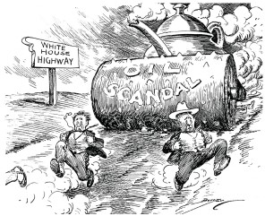 <strong>What did Clifford K. Berryman's cartoon Juggernaut of the Teapot Dome scandal in the Washington Evening Star imply? </strong> A) Harding's cabinet was making a mockery of his presidency. B) The scandal was bound to implicate the White House itself. C) Secretary of the Interior Albert Fall was maneuvering the crisis deftly. D) Secretary of the Navy Edward Denby was innocent of the charges.