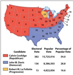 What can we conclude from the map of the election of 1924 (Map 21.2) ?   A)  The Democrats' support for prohibition hurt their campaign in the Northeast. B)  Wisconsin embraced socialist politics during the 1920s. C)  Warren G. Harding won reelection despite the Teapot Dome Scandal. D)  Nothing had changed in national politics since the 1860 split.