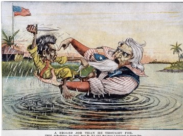 How does the cartoon  A Bigger Job Than He Thought For  (Document 20.3)  represent Filipinos?   A)  As ungrateful B)  As docile C)  As lazy D)  As sexually promiscuous