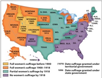 What can you learn about the gradual embrace of women's suffrage from Map 19.1, titled Women's Suffrage?   A)  States with strong populist traditions were the first to embrace women's suffrage. B)  The same states that had been pioneers in antebellum women's reform and abolitionism now led the way in women's suffrage. C)  The more urban and developed the states, the earlier their embrace of women's suffrage. D)  States with low population densities and  frontier societies  were the first to embrace women's suffrage.