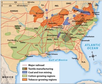Based on Map 16.1, The New South, 1900, which of the following states enjoyed the most diverse resource base to attract industry?   A)  Florida B)  Louisiana C)  Mississippi D)  Alabama