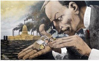 The attitude of big business toward the federal government in Horace Taylor's cartoon  What a Funny Little Government  from 1900 (Document 16.1)  can best be described as   A)  respectful. B)  timid. C)  disinterested. D)  condescending.