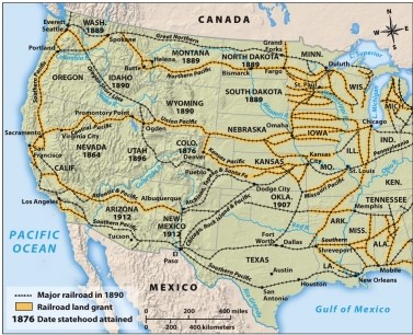 Based on Map 15.1, The American West, 1860-1900, which of the following transcontinental railroads relied most heavily on railroad land grants?   A)  The Central Pacific from Sacramento to Promontory Point B)  The Southern Pacific Railroad from Los Angeles to El Paso C)  The Oregon Short Line from Ogden to Seattle D)  The Great Northern from Duluth to Spokane