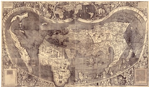 In their 1507 map and globe entitled Universalis Cosmographia, Martin Waldseemüller and Mathias Ringmann had a body of land between the African and Asian continents estimating the geography of what we know know to be   A)  India. B)  The Americas. C)  Europe. D)  Hawaii.