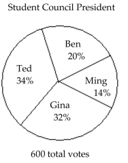 The circle graph shows the results of the student council presidential election. The complete circular area represents 100% of the votes. -  The circle graph shows what percent of the vote each person received. If 600 total votes were cast, how many votes did Ted get? A) 120 B) 204 C) 84 D) 192