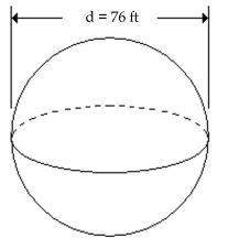 Find the unknown radius or diameter. -Find the radius of the sphere.   A) 25 ft B) 152 ft C) 38 ft D) 228 ft