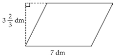  Find the area of the geometric figure. -Parallelogram   A)   25 \frac { 2 } { 3 } \mathrm { sq dm }  B)   51 \frac { 1 } { 3 } \text { sq dm }  C)   11 \frac { 2 } { 3 } \mathrm { sq dm }  D)   12 \frac { 5 } { 6 } \mathrm { sq }  \mathrm { dm }