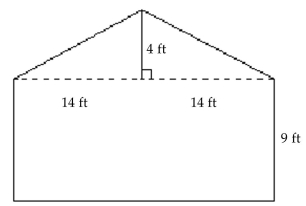  Solve. -  The drawing shows the end of a building that is to be bricked. If the area of the side of a brick used isIf the area of the side of a brick used is  \frac { 1 } { 6 }  s quare foot, find the number of bricks needed to completely cover the side of the building. A) 1848 bricks B) 2184 bricks C) 51 bricks D) 308 bricks 