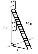 Solve. Round to the nearest tenth. -A 30-ft-tall ladder is placed so that it reaches 19 ft up on the wall of a house. How far is the base of the ladder from the wall of the house?   A) 23.2 ft B) 1261 ft C) 539 ft D) 35.5 ft