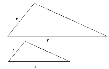 Given that the pair of triangles is similar, find the length of the side labeled n. -  A) 16 B) 11 C) 4 D) 12