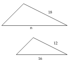 Given that the pair of triangles is similar, find the length of the side labeled n. -  A) 16 B) 30 C) 24 D) 23