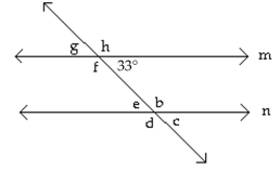  Find the measure of the indicated angle. -Given: n: m  \mathrm { m } \| \mathrm { n }    Find the measure of  \angle\text { g. }  A) 23° B) 57° C) 33° D) 123° 