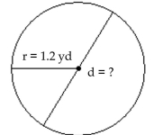 Find the unknown diameter or radius as indicated. -  A) 0.6 yd B) 3.768 yd C) 2.4 yd D) 4.52 yd