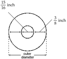  Solve. -The donut below has the dimensions shown. What is measure of the outer diameter of the donut?   A)   \frac { 225 } { 256 } \pi \mathrm { in } ^ { 2 }  B)   1 \frac { 5 } { 16 } \text { in }  C)   \frac { 45 } { 128 } \text { in }  D)   1 \frac { 11 } { 16 } \text { in }