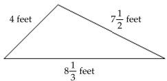  Find the perimeter of each figure. For Exercise 29, find the area also. -Find the perimeter of the triangle.   A) 23 feet B)   19 \frac { 2 } { 5 } \text { feet }  C)   19 \frac { 5 } { 6 } \text { feet }  D)   19 \frac { 1 } { 3 } \text { feet }