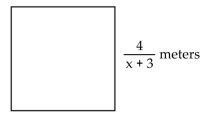  Solve the problem. -A square shaped pasture has a side of lengthe of length  \frac { 4 } { x + 3 }  meters meters.   Express the perimeter of the pasture as a rational expression. A)   \frac { 16 } { x + 6 }  meter meters B)   \frac { 16 } { x + 3 }  meter meters C)   \frac { 16 } { x + 12 }  meter meters D)   \frac { 4 } { x + 12 }  meter meters 