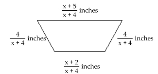 Solve the problem. -Find the perimeter of the trapezoid.   A)   \frac { 4 x + 15 } { x + 4 }  inch inches B)   \frac { 2 x + 15 } { x + 4 }  inch inches C)   \frac { x + 15 } { x + 4 }  inche inchs D) x + 11 inches 