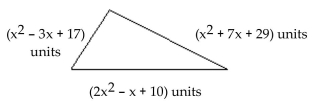  Write the perimeter of the figure as a polynomial. Then simplify the polynomial. -  A)   \left( 4 x ^ { 2 } + 9 x + 56 \right)  \text { units }  B)   \left( 3 x ^ { 2 } + 3 x + 39 \right)  \text { units }  C)   \left( 4 x ^ { 2 } + 9 x + 39 \right)  \text { units }  D)   \left( 4 x ^ { 2 } + 3 x + 56 \right)  \text { units }