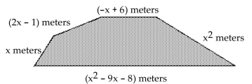  Solve. -Given the following quadrilateral, find its perimeter.   A)   \left( 2 x ^ { 2 } - 5 x - 3 \right)  m  B)   \left( x ^ { 2 } - 8 x - 3 \right)  m  C)   \left( 2 x ^ { 2 } + 13 x + 13 \right)  m  D)   \left( 2 x ^ { 2 } - 8 x - 3 \right)  m