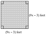  Find the area of the shaded region. Write the answer as a polynomial in descending powers of x. -  A)   \left( 81 x ^ { 2 } - 54 x - 9 \right)  \text { sq ft }  B)   \left( 81 x ^ { 2 } + 54 x + 9 \right)  s q f t  C)   \left( 81 x ^ { 2 } + 54 x - 9 \right)  s q f t  D)   \left( 81 x ^ { 2 } - 54 x + 9 \right)  s q f t