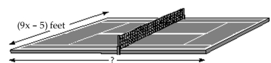  Solve. -The area of the playing surface of the tennis court shown is (  \left( 81 x ^ { 2 } - 27 x - 10 \right)   squa square feet. If its width is (9x - 5) feet, find its length.   A) (9x + 2) feet B) (-18x + 2) feet C)   \left( 81 x ^ { 2 } + 81 x + 10 \right)  \text { feet }  D) (9x - 2) feet 