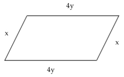 Solve the problem. -The perimeter of the parallelogram below is 98 meters. Write a linear equation on two variables for the perimeter. Use this equation to find x when y is 10.   A) x + 4y = 98; x = 58 m B) x + 4y = 49; x = 18 m C) x + 4y = 49; x = 9 m D) x + 4y = 98; x = 9 m