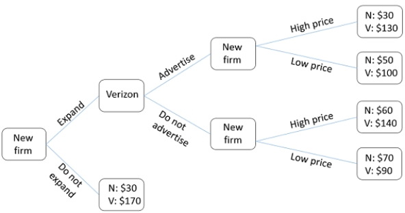   The figure shown displays the choices that could be made by Verizon and a new firm in the industry. The payoffs are the profits (in millions) these companies will earn as a result of their choices.What will be the outcome of this game? A) The new firm will expand; Verizon will advertise; the new firm will choose high prices. B) The new firm will expand; Verizon will advertise; the new firm will choose low prices. C) The new firm will expand; Verizon will not advertise; the new firm will choose high prices. D) The new firm will not expand.