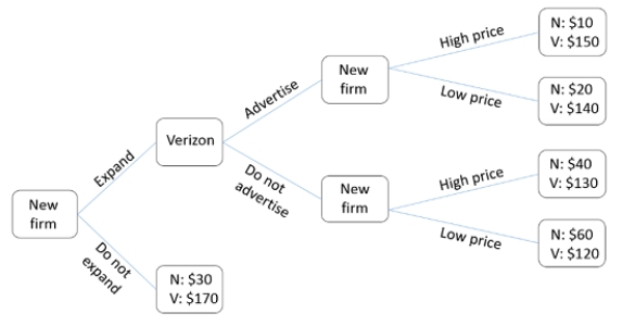   The figure shown displays the choices that could be made by Verizon and a new firm in the industry. The payoffs are the profits (in millions) these companies will earn as a result of their choices.If the new firm expands, then Verizon should: A) advertise. B) not advertise. C) advertise only if the new firm can impose a commitment device. D) None of these statements are true.