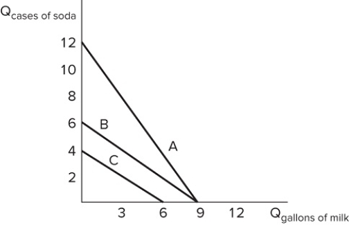   Assume Yazmin's budget constraint is represented by line C in the graph shown. Which of the following would cause Yazmin's budget constraint to shift to line B? A) An increase in the price of milk B) A decrease in the price of soda C) An increase in the price of soda D) None of these changes alone would cause a shift from line C to line B.