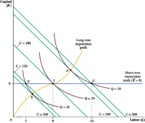 (Figure: Capital and Labor IV)    Where the firm is producing at point Y, graph the:  a. short-run total cost curve, showing the total cost at 10, 20, and 30 units of output. b. long-run total cost curve, showing the total cost at 10, 20, and 30 units of output. c. short-run ATC curve, showing the ATC at 10, 20, and 30 units of output. d. long-run ATC curve, showing the ATC at 10, 20, and 30 units of output.