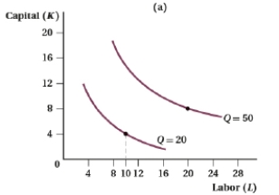 (Figure: Capital and Labor XII)  Which of the following statements is (are)  TRUE?     I. Panel a illustrates constant returns to scale. II. Panel b illustrates decreasing returns to scale. III. Panel a illustrates increasing returns to scale IV. Panel b illustrates constant returns to scale. A)  I and IV B)  II and III C)  III and IV D)  I and III 