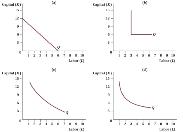 (Figure: Capital and Labor V)  Put these four panels in order from the easiest case of input substitutability to the hardest case of input substitutability.   A)  b, a, c, d B)  a, c, d, b C)  d, c, a, b D)  a, d, c, b