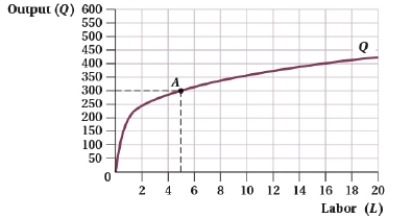 (Figure: Production Function VI)    The MP<sub>L</sub> at point A is _____, and the AP<sub>L</sub> is _____. What do your results imply about how AP<sub>L</sub> will change with increased production?