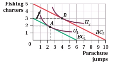 (Figure: Fishing Charters and Parachute Jumps I)  Francis spends his income on fishing charters and jumping out of airplanes. Which of the following statements is TRUE?   A)  Fishing charters are an inferior good. B)  An increase in income could cause the optimal consumption bundle to move from point A to point B. C)  Parachute jumps are an inferior good. D)  An increase in the price of parachute jumps could cause the optimal consumption bundle to move from point A to point B.