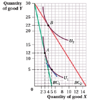 (Figure: Quantity of Goods Y and X III)  What type of good is good X?   I. a normal good II)  an inferior good III)  a Giffen good A)  I and III B)  III C)  II and III D)  I